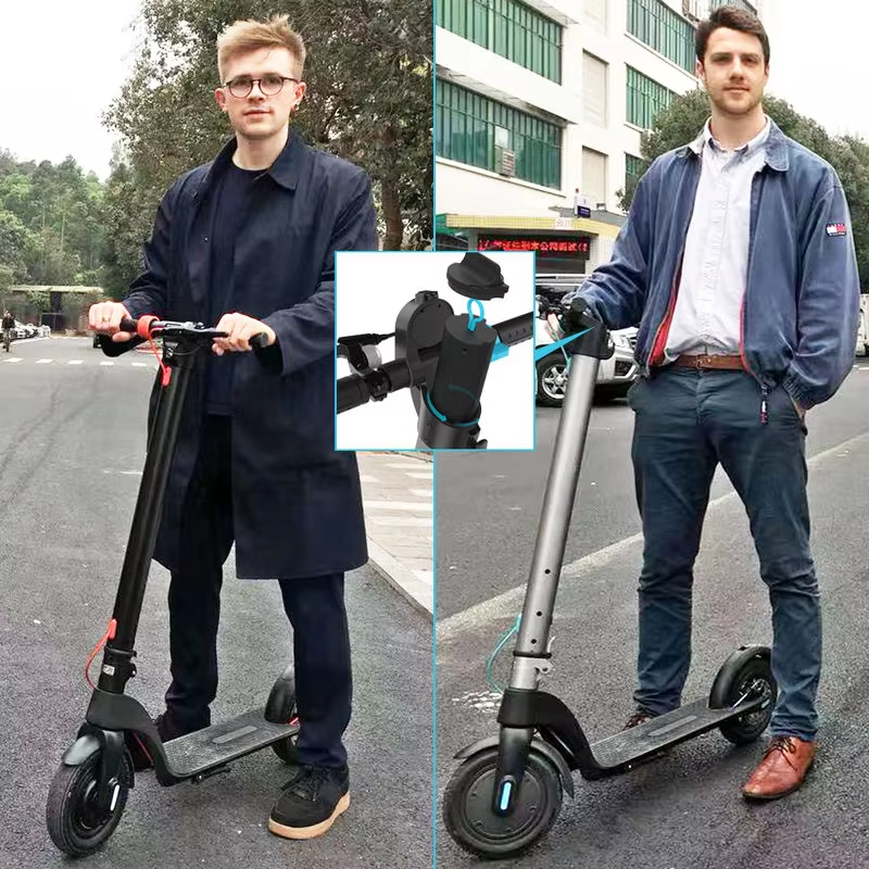 Two commuters standing with their Khuzana foldable electric scooters on a city street